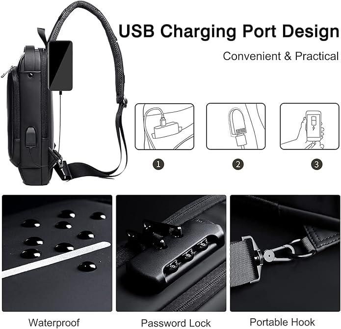 Anti Theft Cross Sling Bag with USB Charging for Men & Women